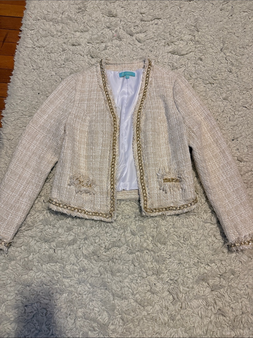 Cream Tweed Open-Front Blazer with Gold Chain Trim